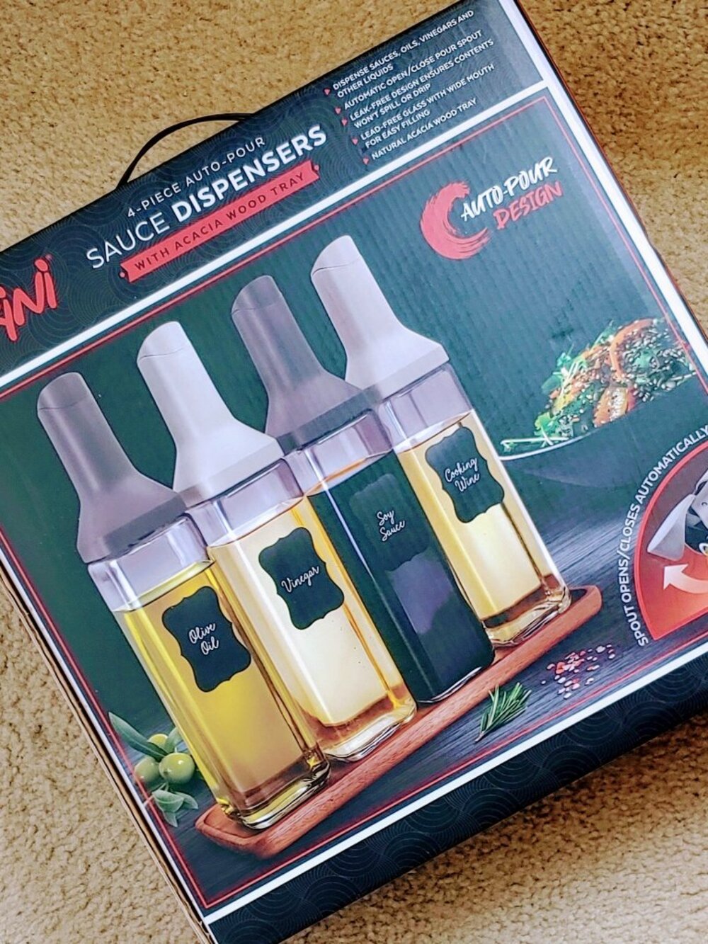 Parini 4-Piece Auto-Pour Sauce Dispenser Set with Acacia Wood Tray